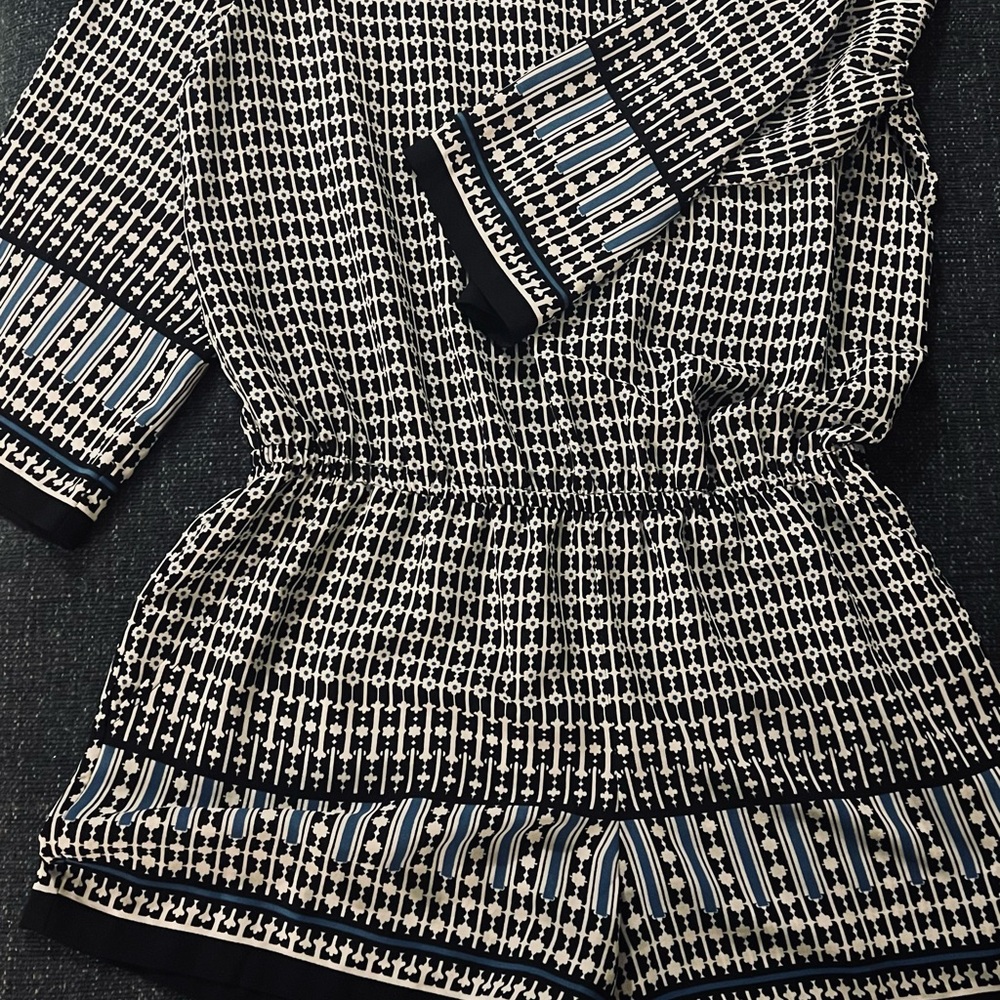 Black and White Geometric Printed Romper with Blue Accents